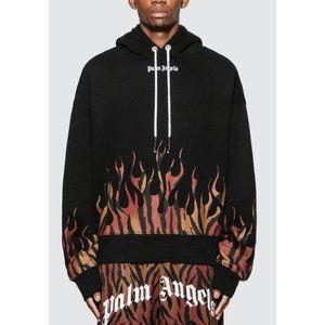 Palm Angels Hoodie Tiger Flames Print Black Fire Oversized Sweatshirt Mens XL